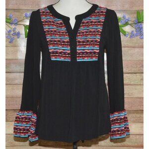 Andree By Unit Ladies S Black Colorful Embroidered V-Neck Blouse Top Bell Sleeve